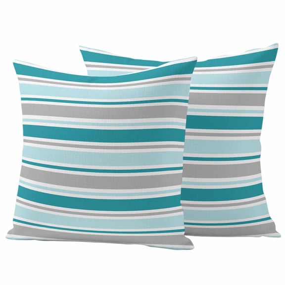 Outdoor Waterproof Throw Pillow Covers Set of 2 Turquoise Stripes Decorative Pillowcases Square Outdoor Pillows Cushion Case 18x18 Inch Grey Teal Classic Striped Patio Pillows for Couch Sofa Bed