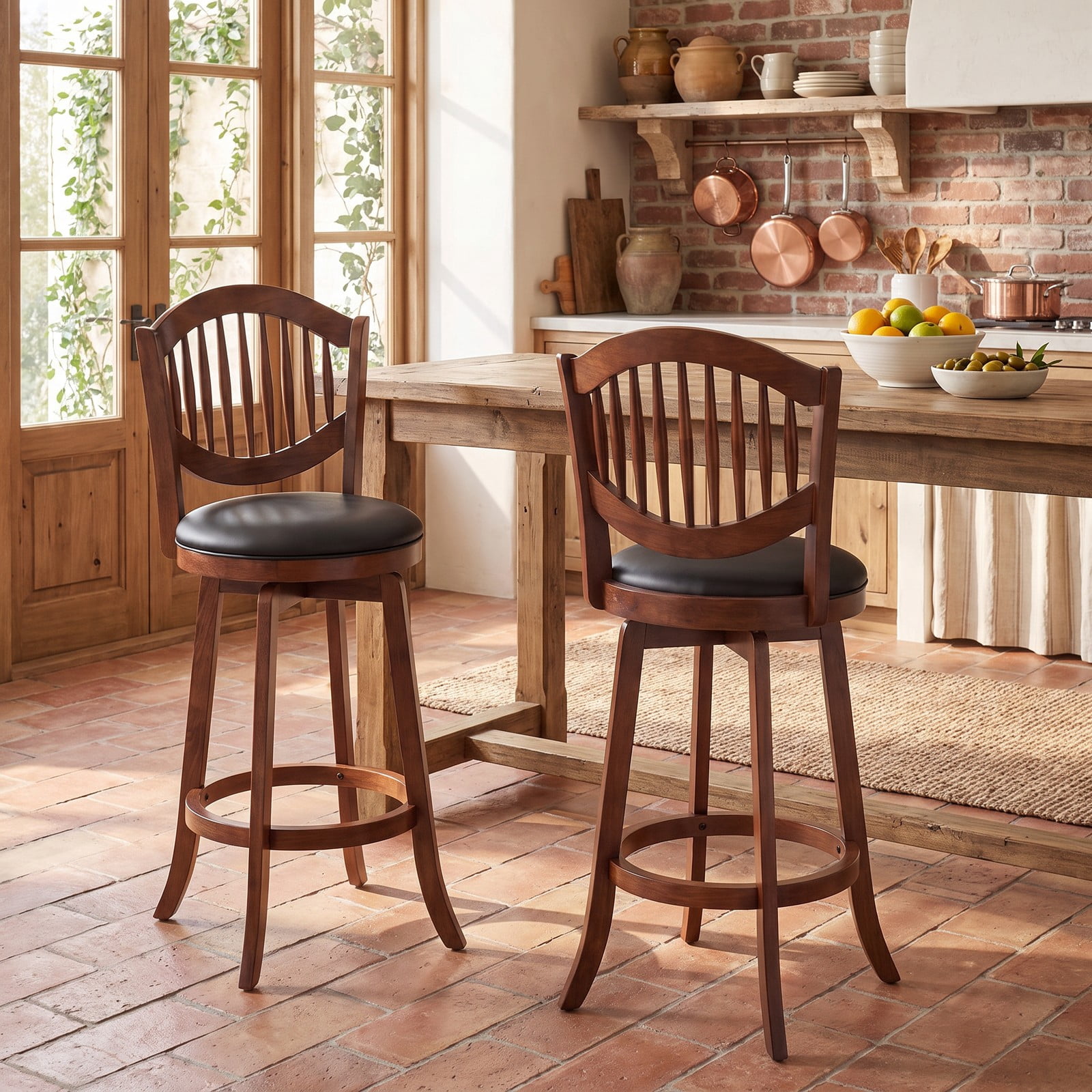 Furnibear Swivel Bar Stools Set of 2, 30 Inch 360 Degree Rotating Barstools with Curved Backrest, Footrest and Solid Rubber Wood Frame, PVC Leather, Espresso and Black