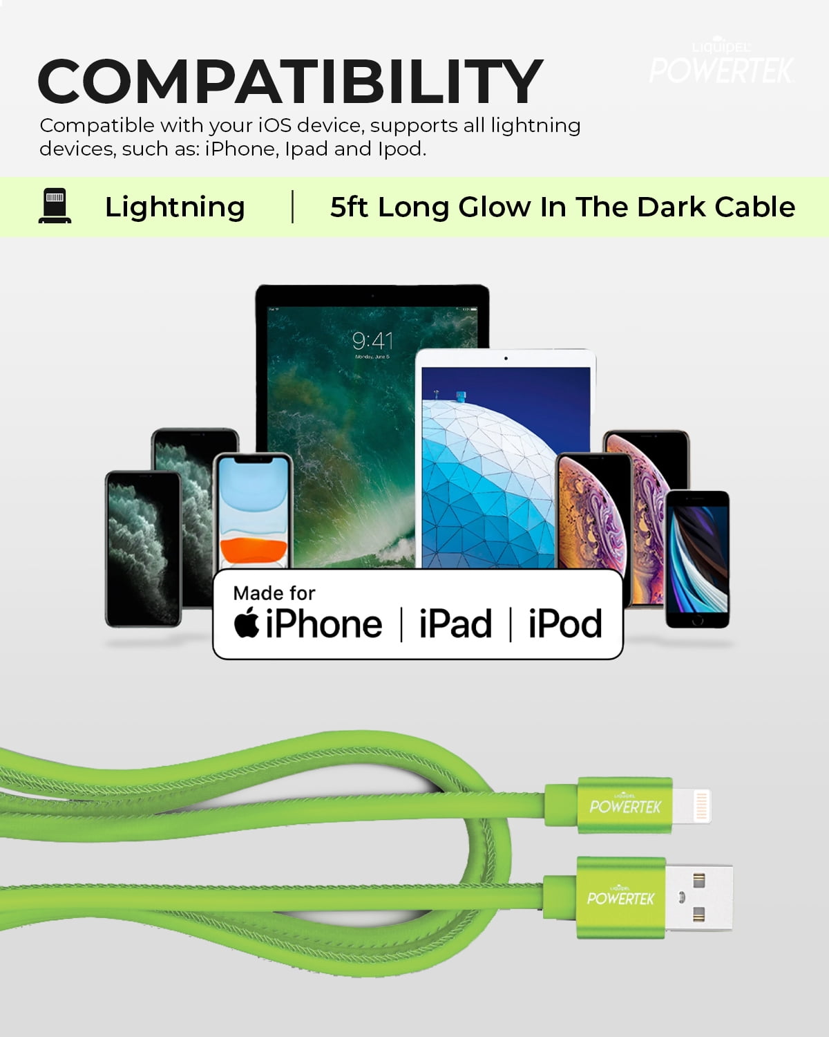 Liquipel Powertek Glow in Dark Cable lightning - Green