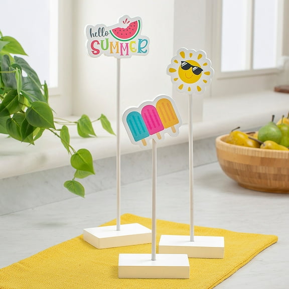 Fun Express 10 1/4" – 14 1/2" Summer Icons Wooden Tabletop Decorations Set - 3 Pieces