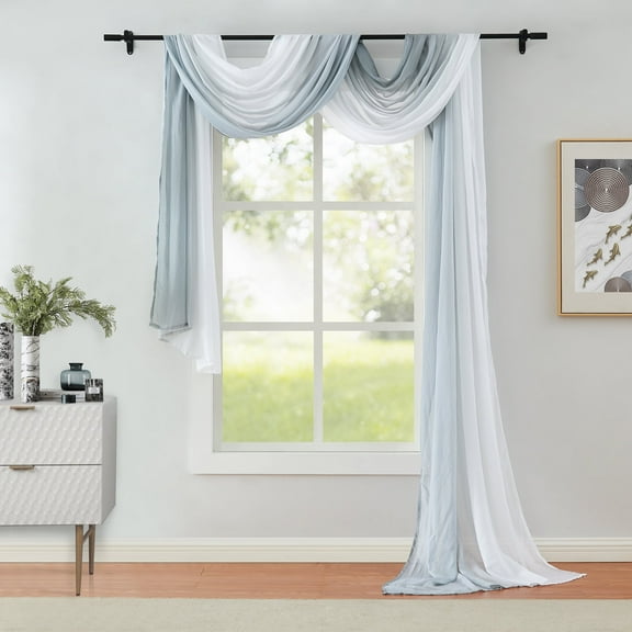 Junvictex 1 Piece Grey Ombre Chiffon Sheer Window Scarf Valance Curtains Crinkle 18ft Soft for Living Room,52"Wx216"L