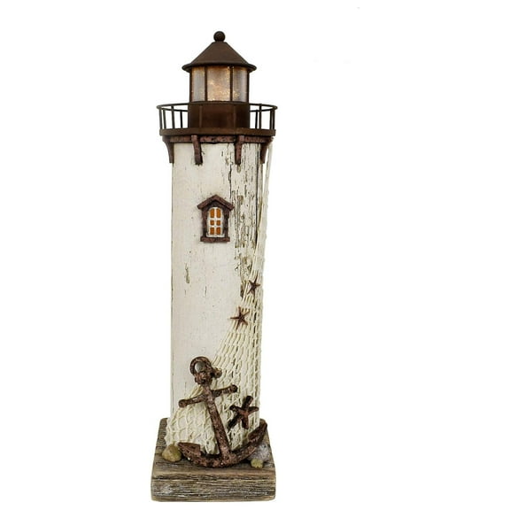 Wooden Lighthouse Nautical Figurine Beach Themed Ornaments with Starfish - Lighted Tower Light Wood Home Décor Party Decoration