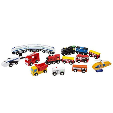 Wooden Train Car Set - 15 Unique Vehicles And Engines Add Variety To Your Set - Compatible With Thomas, Brio, All Major