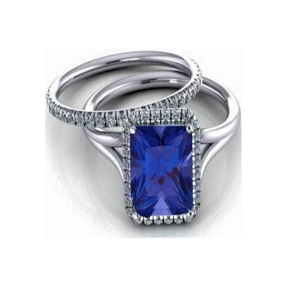 2.00 carat Emerald Cut Sapphire and Diamond Halo Bridal Set in 10k White Gold