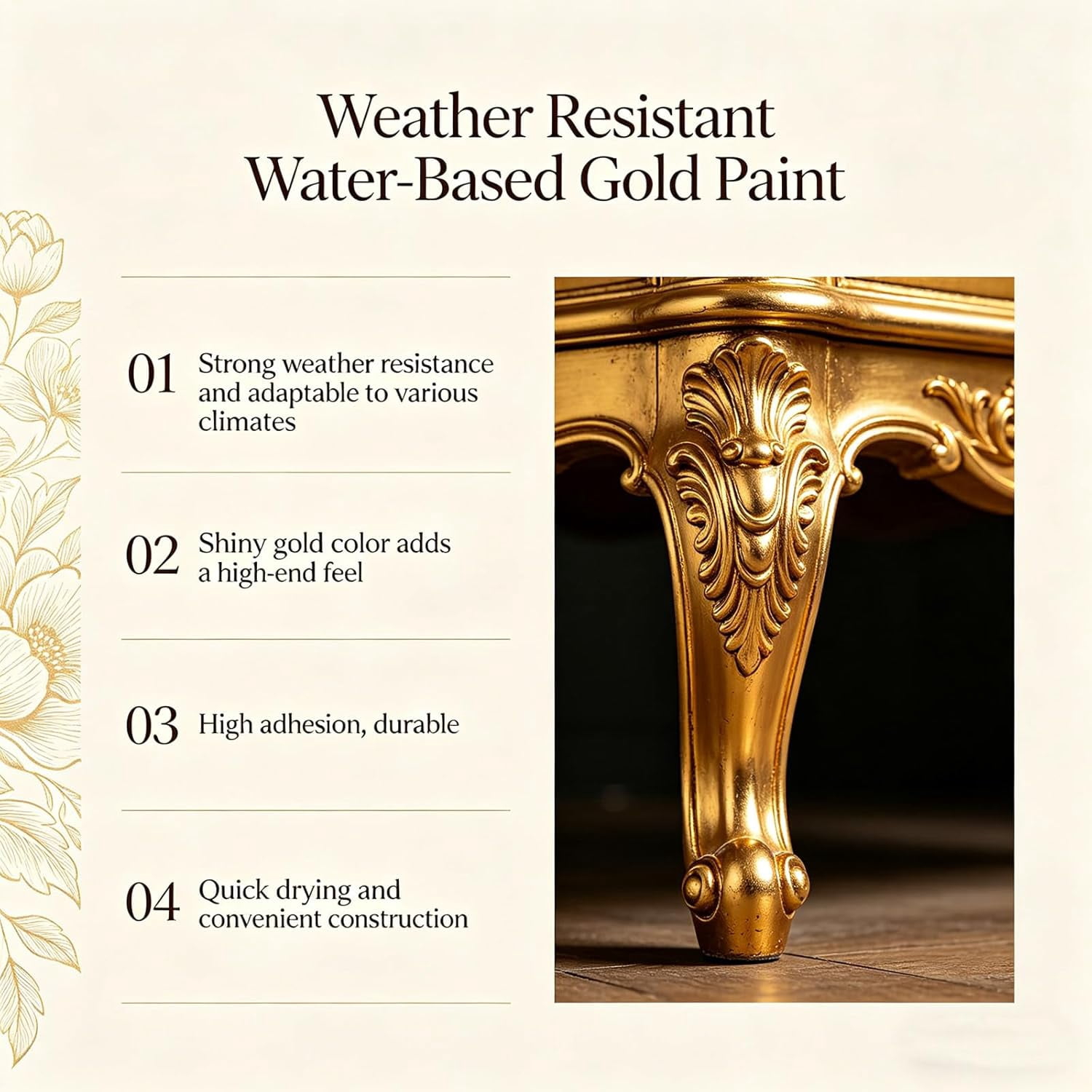 Water Based Weather Resistant Gold Paint, Metallic Gold Paint for Metal, Wood, Crafts and Canvas, High Gloss Gold Leaf Paint for Furniture and Home Decor, Quick Drying Gold Acrylic Paint (1Pc)