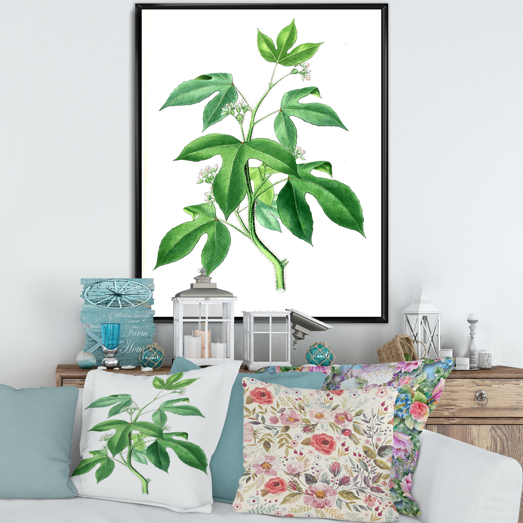 Designart 'Ancient Green Leaves Plants V' Traditional Framed Canvas Wall Art Print