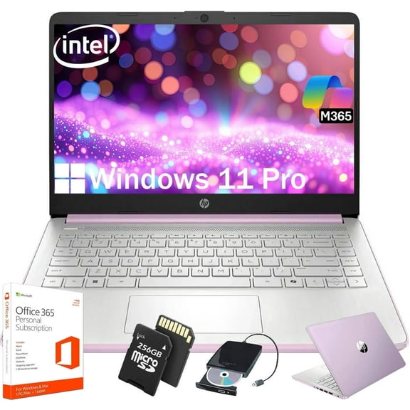HP 14" Thin&Light Laptop Computer - Intel Quad-core CPU • 16GB RAM, 128GB UFS 256GB Micro SD Card • Windows 11 Pro & 1-Year Microsoft Office 365 • Wi-Fi 6 • Copilot • Honey Lavender