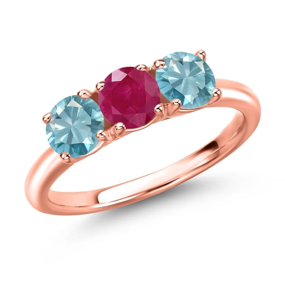 Gem Stone King 18K Rose Gold Plated Silver Red Ruby and Blue Zircon Engagement Ring for Women | 2.25 Cttw | Round 5MM | Gemstone July Birthstone | Size 9