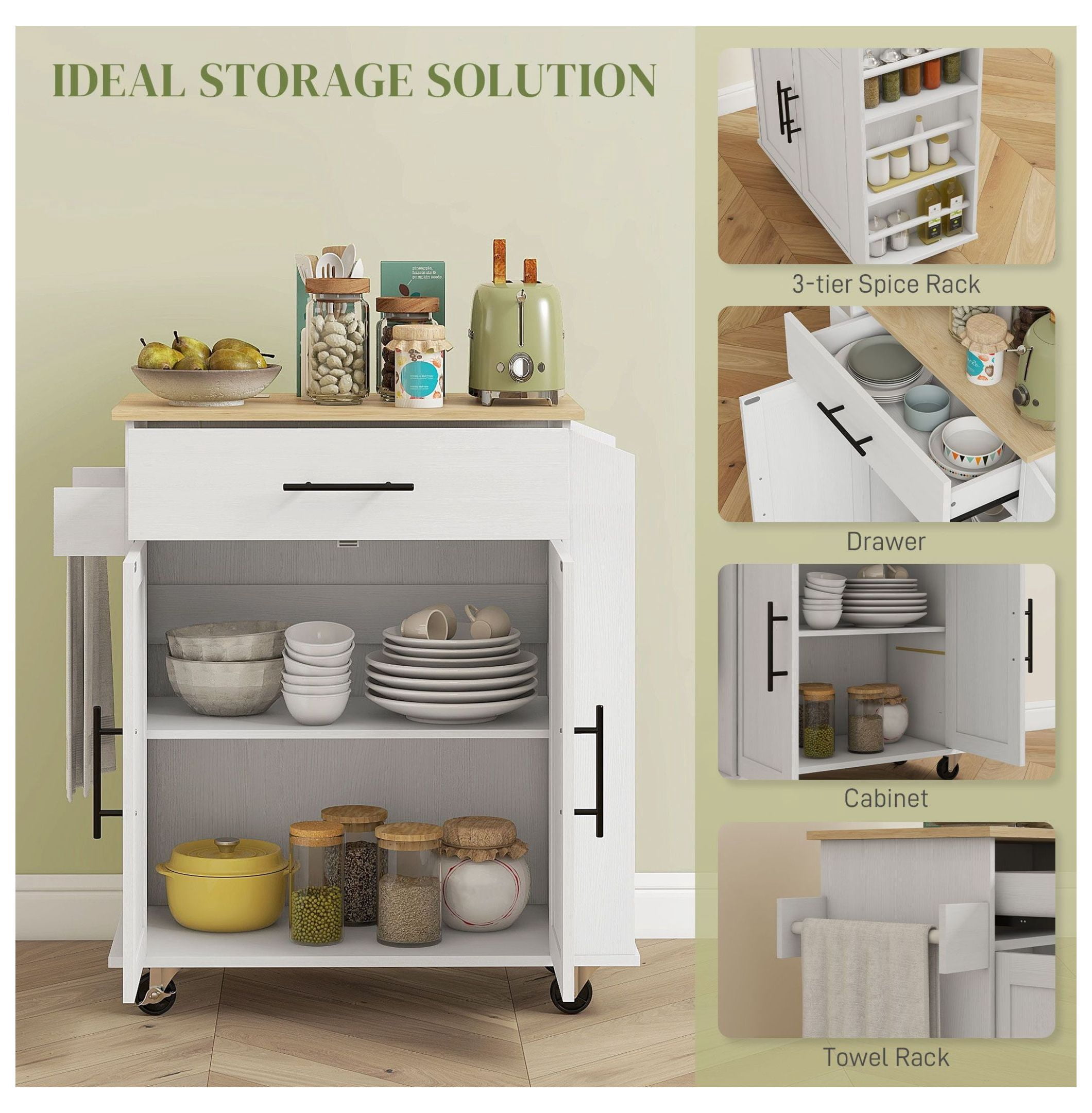 Rollable Kitchen Island with Power Outlets, Drawer, Doors & Versatile Storage on Wheels, White
