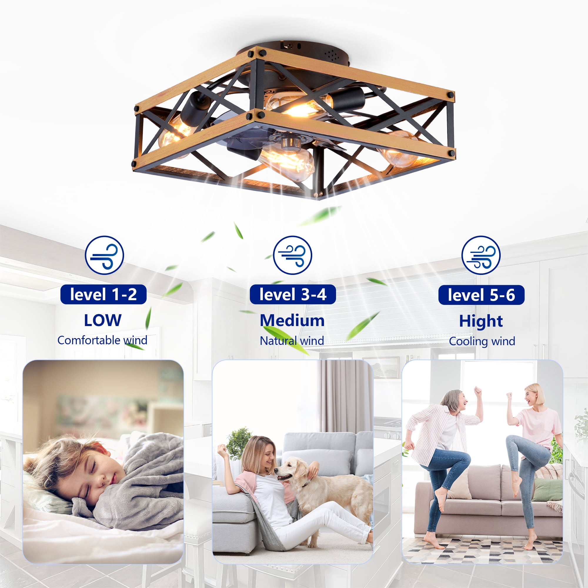 Leumius 22.6" Black Flush Mount Ceiling Fan with Light, Reversible Motor and DC Remote Control,6 Speed Ceiling Fan,Timing for Living Room Bedroom Dining Room(NOT Included Bulbs)
