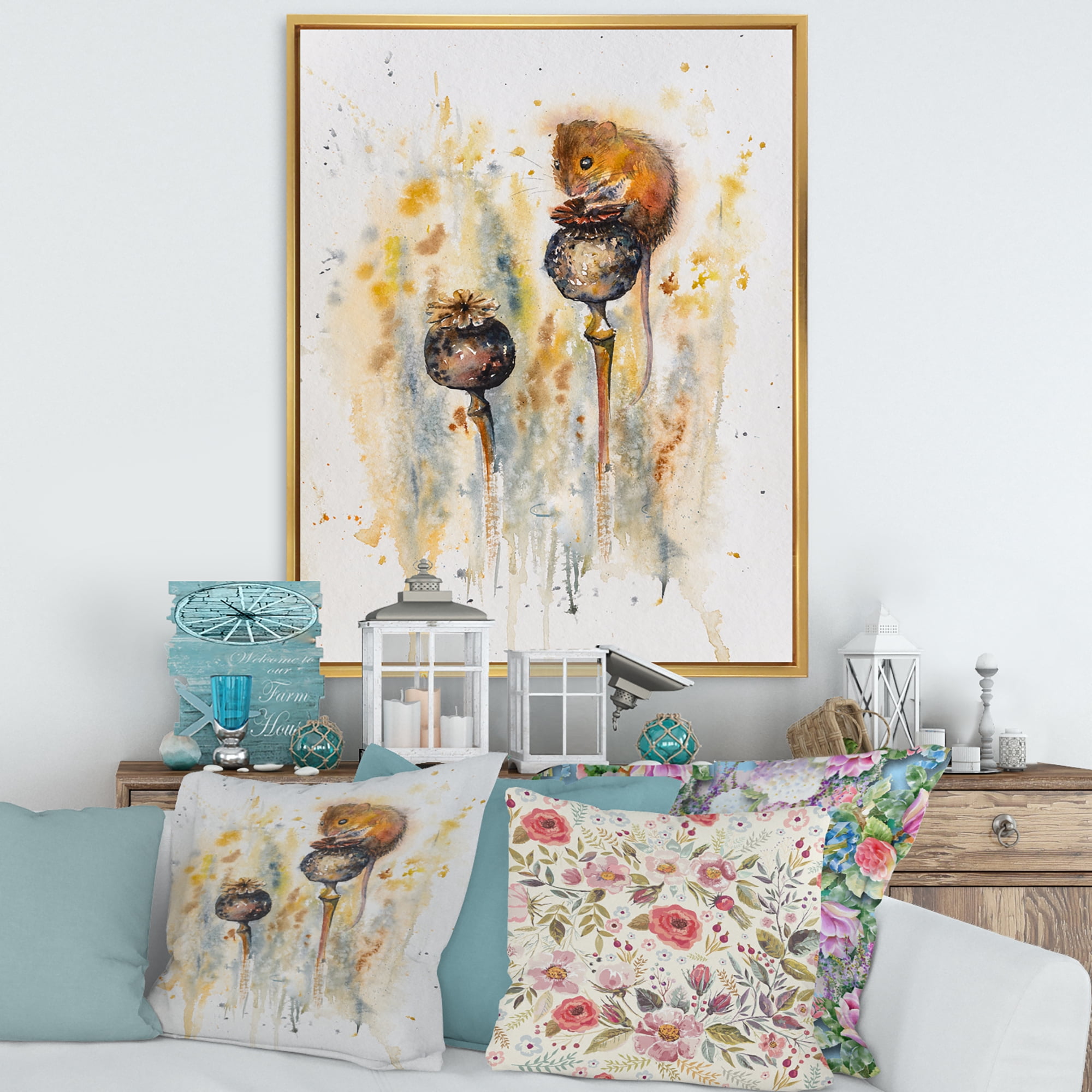 Designart 'Little Mouse Sitting On Poppies' Traditional Framed Canvas Wall Art Print