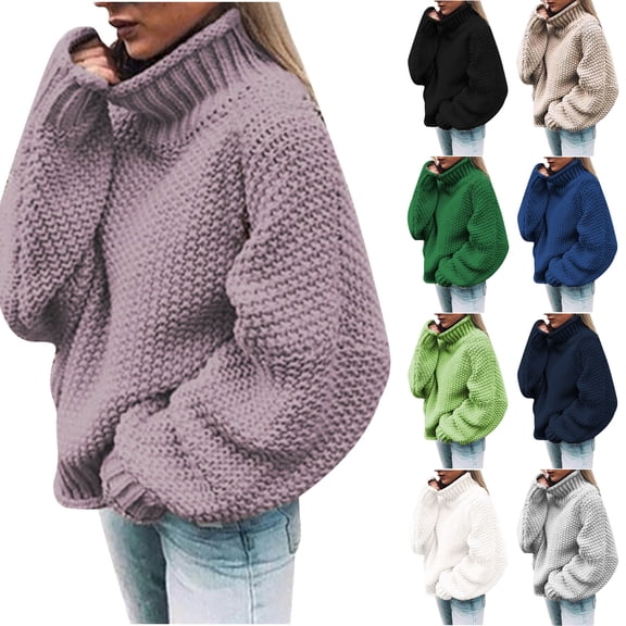 Husipze Womens Chunky Knit Turtleneck Sweater Long Sleeve Oversized Loose Fit Texture Sleeve Cozy Casual Pullover Purple M