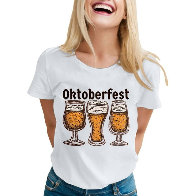 Fgnfyis T-Shirt Décontracté à Manches Courtes pour Femme, Imprimé Oktoberfest, Col Rond, Haut pour Usage Quotidien et Tenues de Fête, Hauts pour Femmes Décontractés, Blanc, P