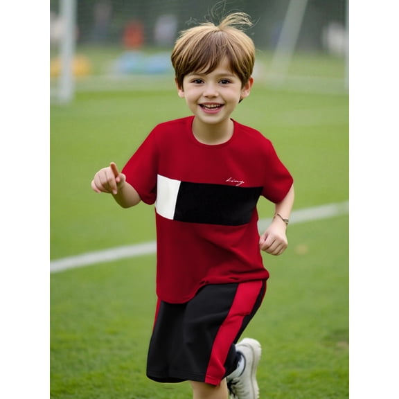 Mikrdoo 11-12 Years Kid Boys Clothes Color Block Summer Short Sleeve Casual Tee Elastic Side Splicing Shorts 2Pcs Outfits Red