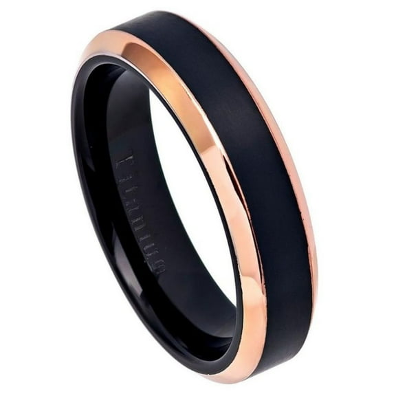 6mm Two-Tone Black IP Rose Gold IP Brushed Center Shiny Beveled Edge Titanium Ring Wedding Band Ring For Men Or Ladies