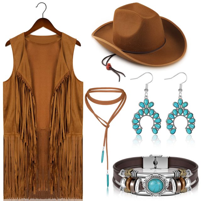 Set de disfraces Vabean Western Cowgirl de los 70, hippie, 5 unidades, caqui, XXL