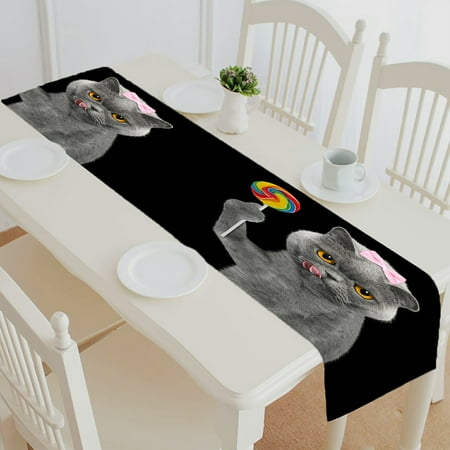

ABPHQTO Cat Candy Lollipop Surprise Black Table Runner Placemat Tablecloth For Home Decor 16x72 Inch
