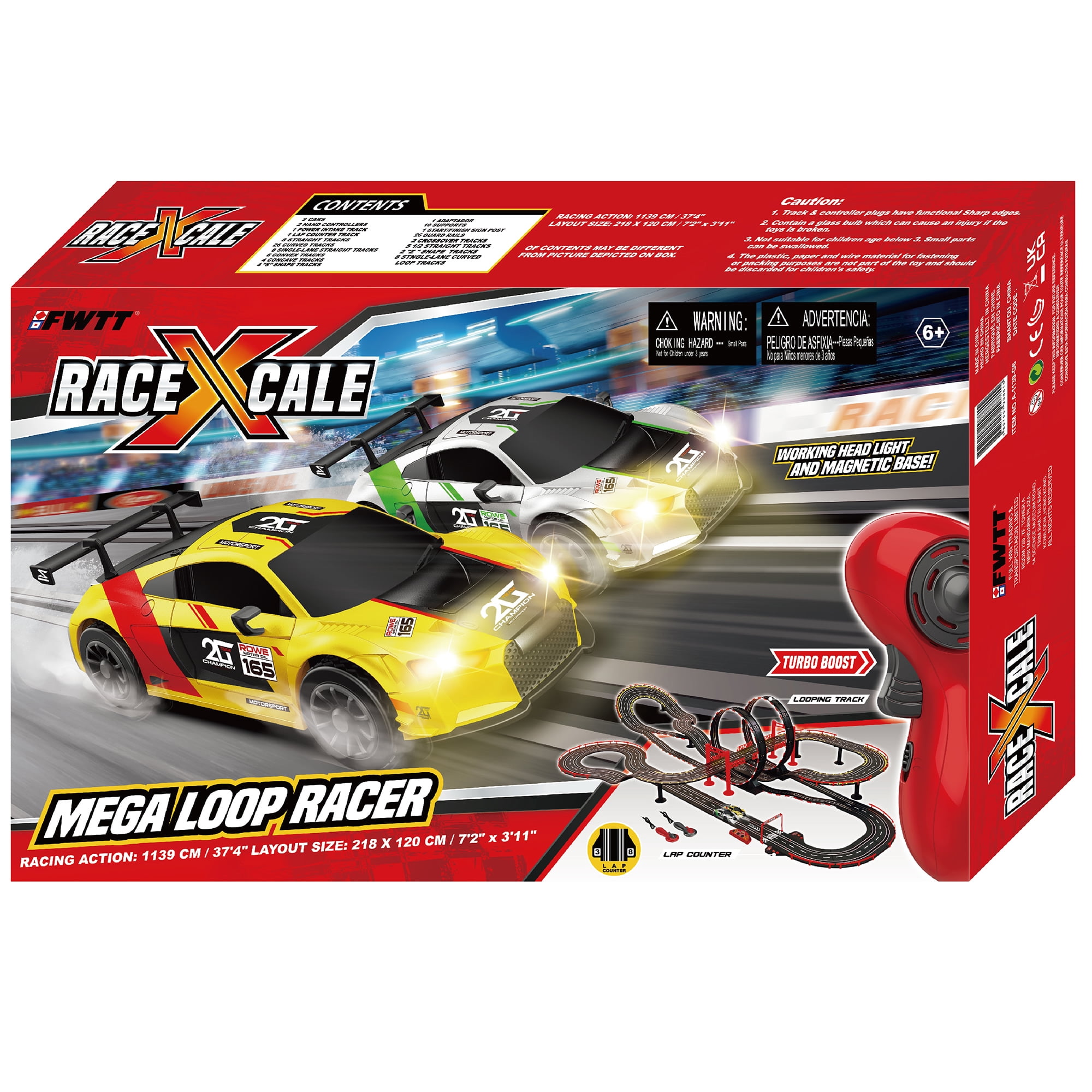 RaceXCale: Mega Loop Racer - 1:43 Scale G5 Slot Car Track, Electric Power Toy Set, 7'2" x 3'11", 2 Magnetic Cars w/ Head Lights, 2 Speed Controllers