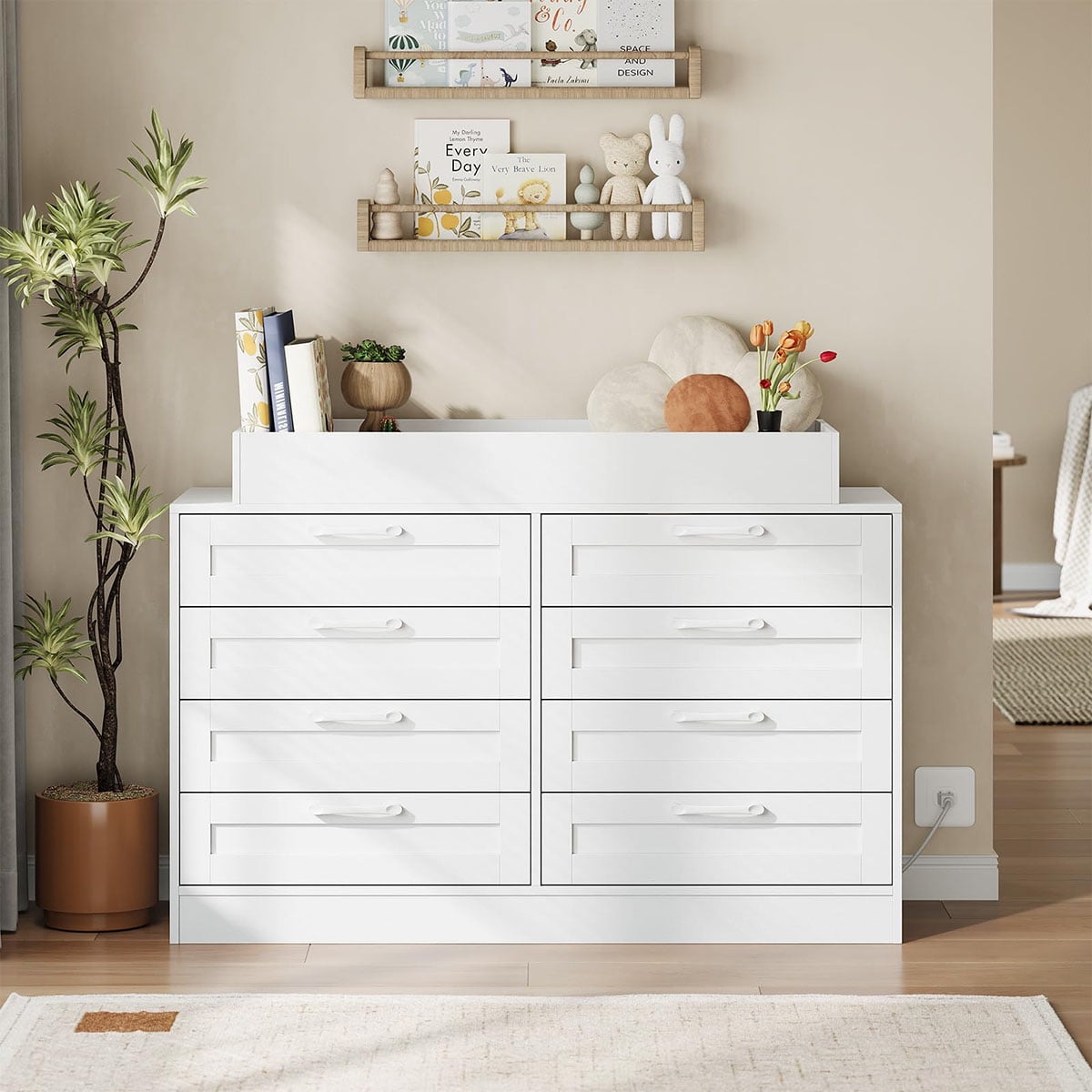 Soonbuy Baby Changing Dresser with 8 Drawers,Wooden Nursery Dresser with Safety Rail & Open Shelf, Changing Table Station Space-Saving Organizer