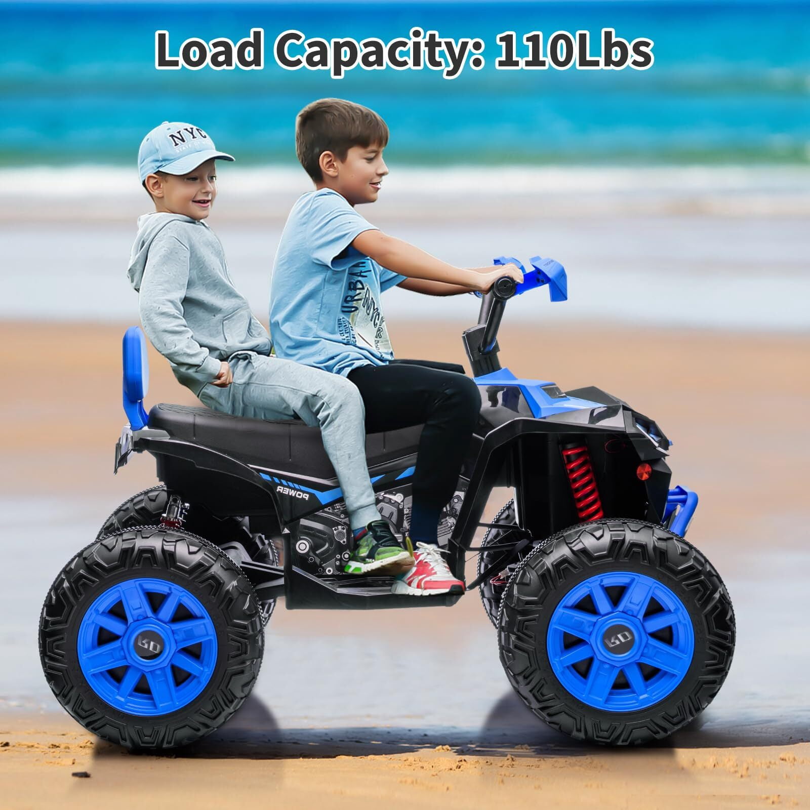 24 Volt Kids ATV Ride-On, Electric Dual 4 Wheeler with 2-Seater, Ride on Toys for Big Kids with Bluetooth, LED Lights, Music, High Low Speed, Blue