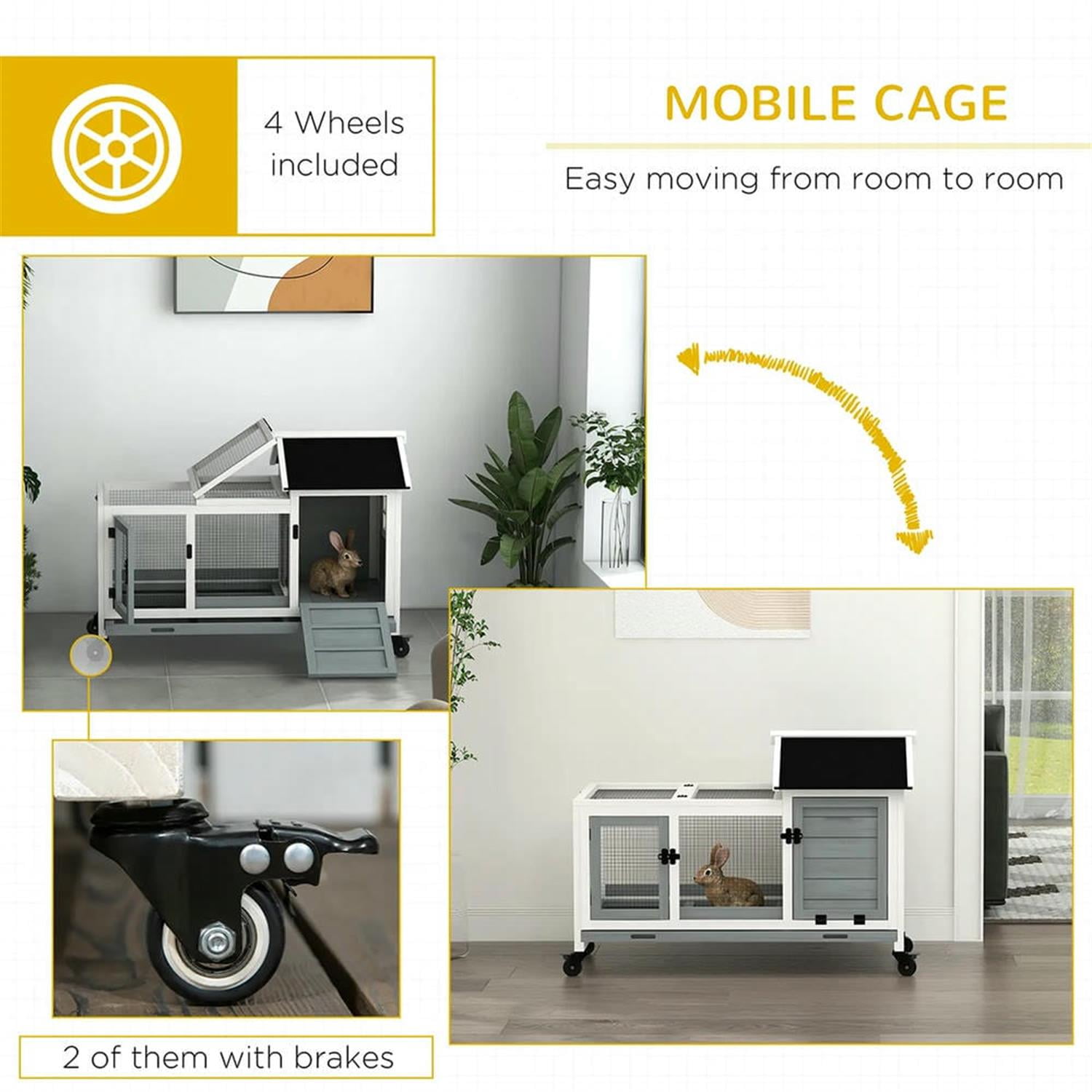 Kadyn 42.5" Wooden Rabbit Hutch with Wheels and Slide-out Tray, Outdoor Small Animal Habitat Enclosure Bunny Cage for Bunnies, Guinea Pigs, Gray