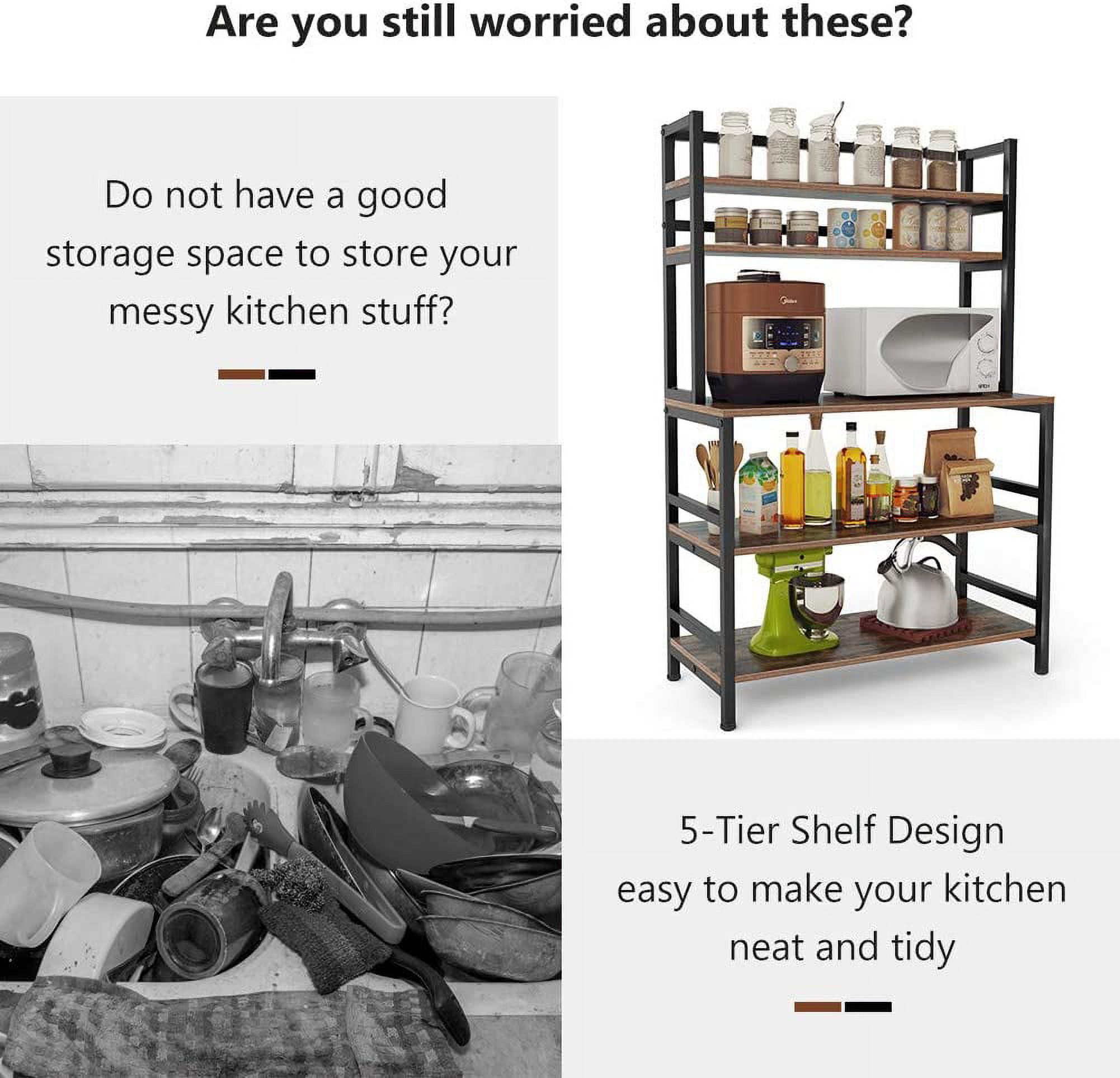 Tribesigns 5-Tier Kitchen Bakers Rack with Hutch, Industrial Microwave Oven  Stand, Free Standing Kitchen Utility Cart Storage Shelf Organizer (Rustic  Brown)