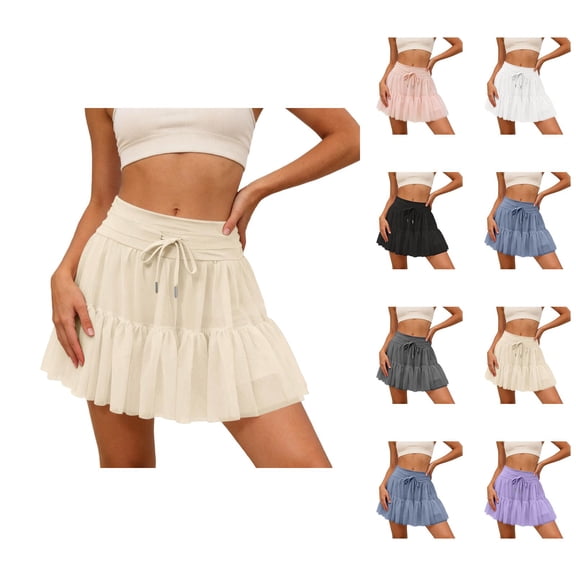 Ruffled Tennis Skorts for Women High Waisted Pleated Mesh Layered Tulle Flowy A Line Mini Skirts with Pockets