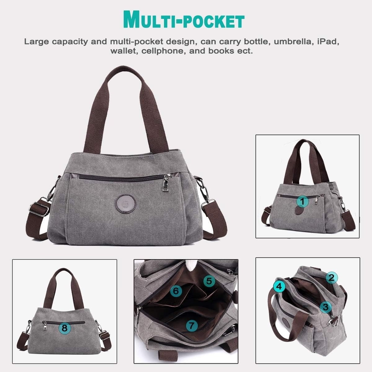 Omlopp Hobo Handbags Canvas Crossbody Bags for Women, Multi Compartment Tote Purse Medium Satchel-Blue - Medium