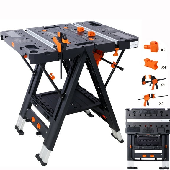 Seizeen Folding Workbench Kit, Portable 2-IN-1 Sawhorse Workbench Adjustable Height, Garage Workshop Work Table for Crafts DIY Carpenter, with Clamps, Limit & Connecting Blocks, Max 1000lbs
