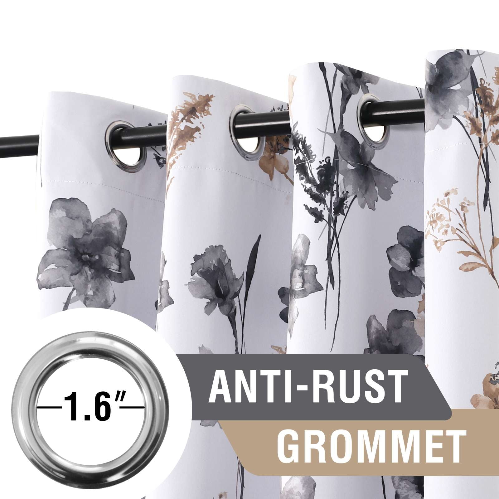 H.VERSAILTEX 100% Blackout Curtains Cattleya Floral Printed Drapes Leah Floral Thermal Bedroom Curtains for Living Room with Black Liner 2 Panels,52" x 63",Grey/Taupe