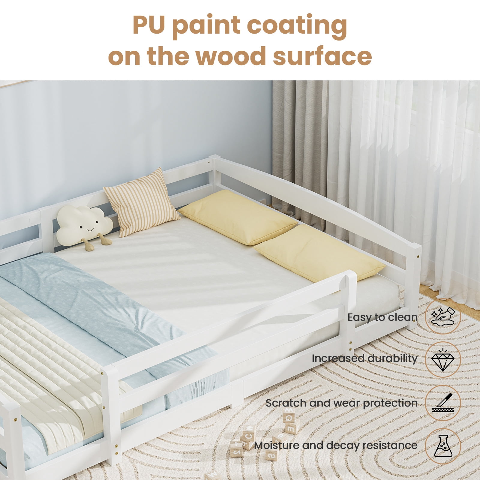 Slsy Full Size Toddler Floor Bed, Solid Wood Montessori Bed Frame with Fence & Door Montessori Floor Bed Crib with Safety Guardrails for Girls and Boys