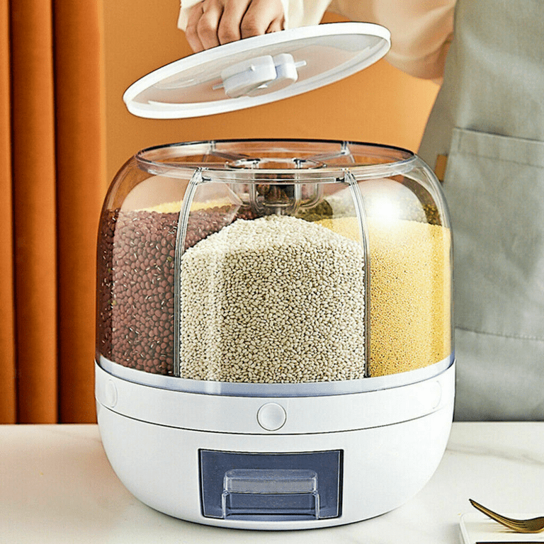 WOWFUNNY Grain Dispenser, 11 Qt Rotating Storage Container, 6-Compartment  Dry Food Dispenser with Measuring Cup for Kitchen Small Grains, Beans, Rice