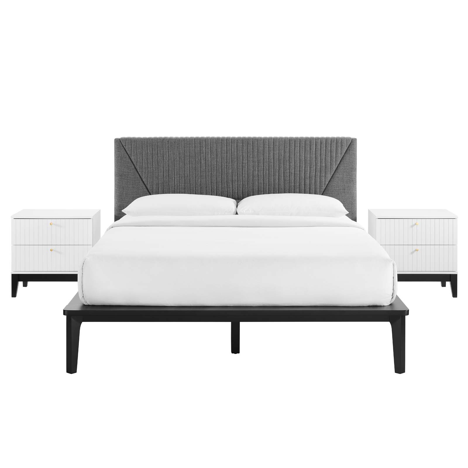 Platform Bed Nightstand Set, Queen Size, White, Wood, Modern