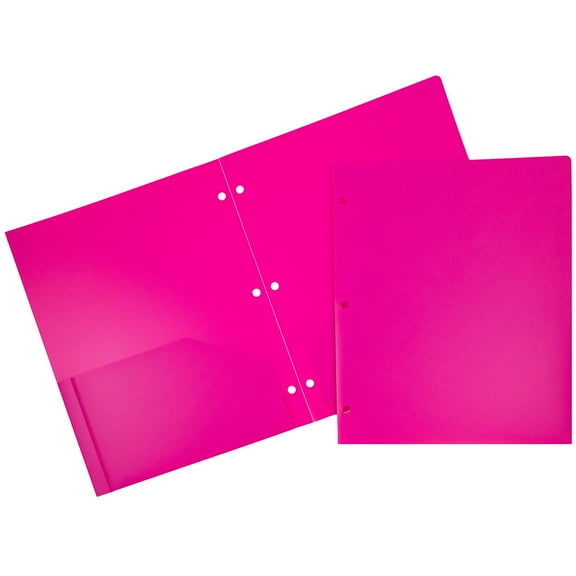 JAM Paper Heavy Duty Plastic 3 Hole Punch School Folders with Pockets, Fuchsia Hot Pink, 6/Pack