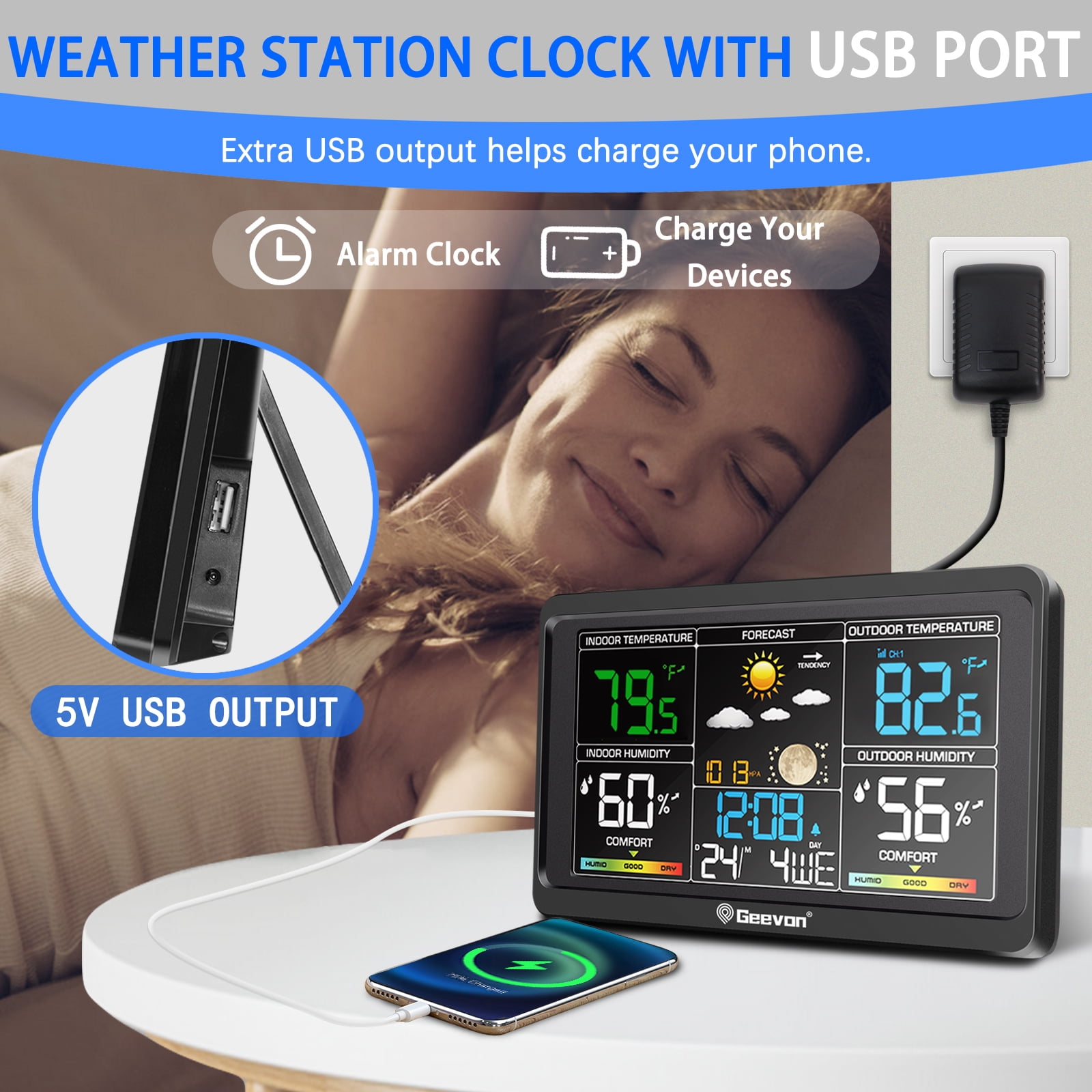 Geevon Weather Station Wireless Indoor Outdoor Thermometer, Color Display Digital Weather Thermometer with Alarm Clock, Barometric Pressure, Calendar, USB Charge, and Backlight(350°view angle)