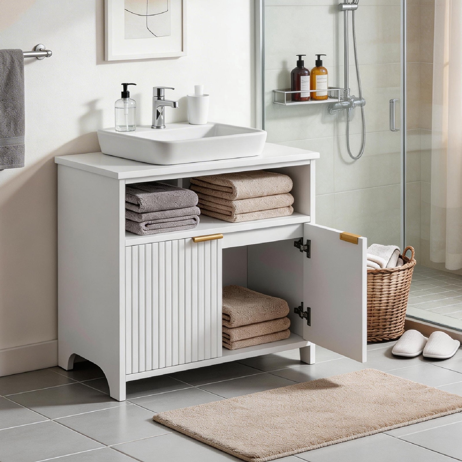 White Melamine Particleboard Bathroom Wall Cabinet 60×30×60cm Grille 2 Door Storage Vanity Cabinet with Inner Shelf