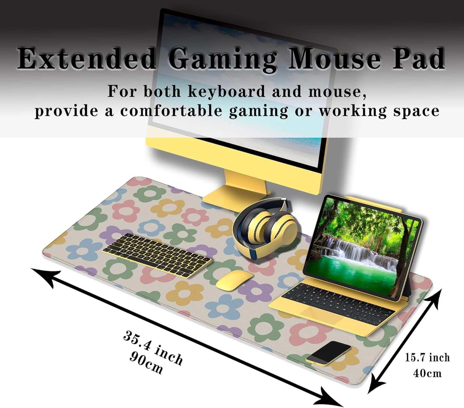 Jumbo Extra Large Colorful Groovy Flowers Gaming Mouse Pad - Modern Desk Pad for Women, Non-Slip Rubber Base, Ideal for Game, Office, Home, 35.4"x15.7"