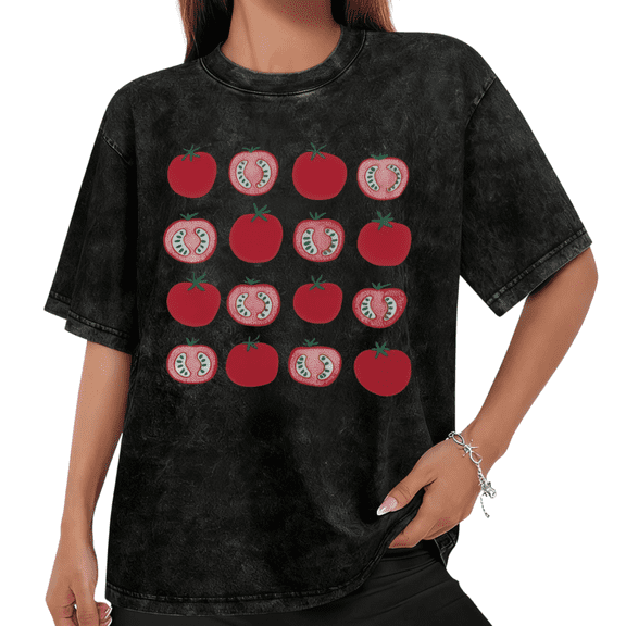 Women Casual Red Green Tomato Graphic Tees Cotton Crew Neck Printed T Shirt Tops Mineral Wash Black S-2XL Plus Size