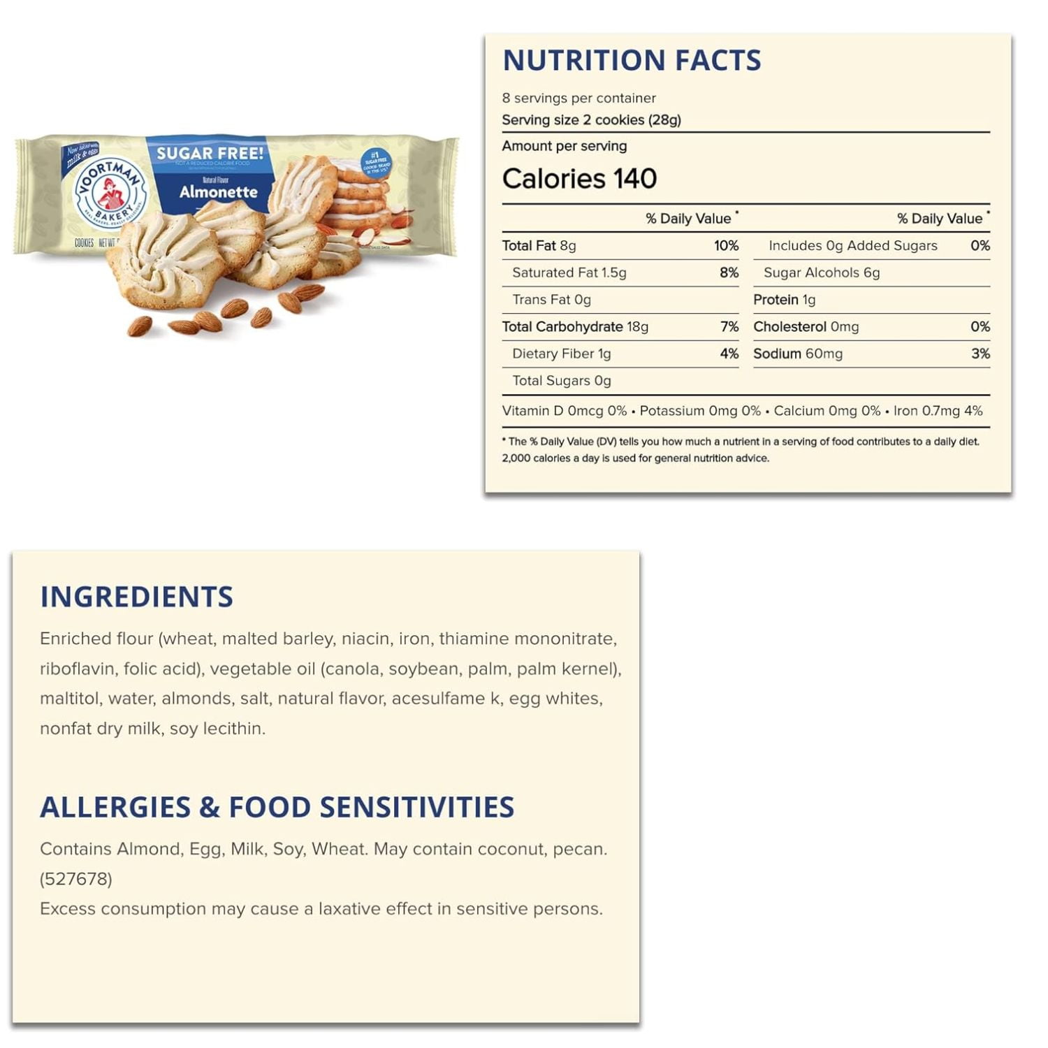 Voortman Bakery #1 in U.S. ZERO SUGAR COOKIES - ICED Almonette Cookies (Pack of 6 x 8 Oz Ea) Made Real ingredients ... Delicious! VALUE PACK