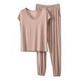 thumbnail image 3 of HVOBTTY Women's Summer Casual Solid Color V Neck Loose Soft Short Sleeve Top and Long Joggers Pants 2 Piece Pajama Set Coffee, M, 3 of 5
