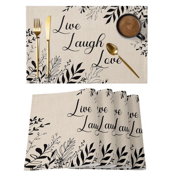 Beige Black Botanical Placemats Set of 8 Farmhouse Laugh Love Leaves Place Mats Indoor Wipeable Table Mats Washable Cloth Dining Table Placemats for Kitchen Holiday Party Home Decor 13x19 Inch