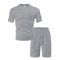 Wyobmus Men's 2 Piece Tracksuit Solid Color Muscle Texture Sweatsuits Short Sleeve Crewneck Summer T Shirt and Drawstring Casual Track Shorts Set Gray