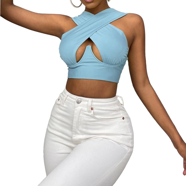 Kmbangi Cross Wrap Crop Tops Sleeveless Solid Color Cutout Tank Tops