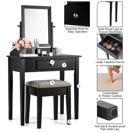 Costway Vanity Dressing Table Set W Large Drawer Mirror Girls