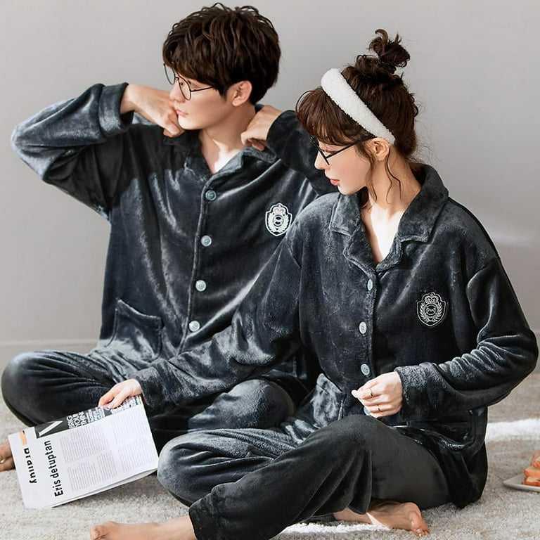 QWZNDZGR Winter Sleepwear Couple Cotton Pajama Sets Round Neck
