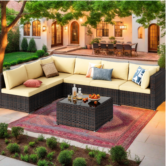Outdoor Patio Furniture Set, 7 Pieces Rattan Wicker Sectional Furniture for Backyard (Beige)
