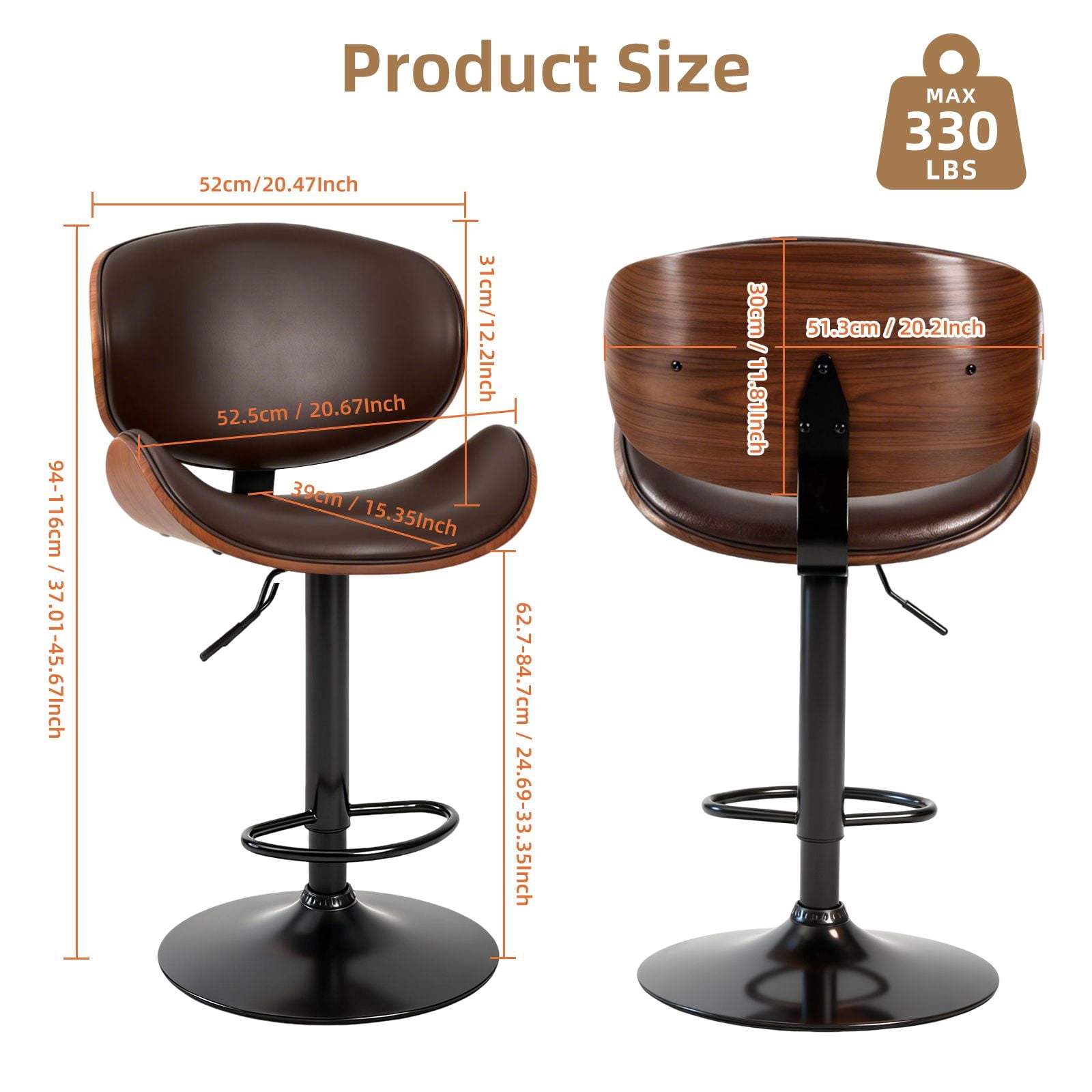 Set of 2 Rotating Bar Stools With Adjustable Height, Pu Leather Decorative Chairs, Backrests And Footstools, And Anti-Slip Rubber Bases