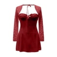 thumbnail image 5 of Fiaer Women 's Elegant Bodycon Dress Lace Patchwork Long Sleeve Low Cut Mini Dress Backless Tie-Up Going out Dress Red S, 5 of 5