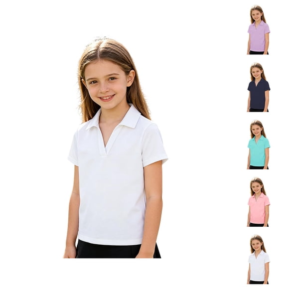 Girls Polo Shirt V Neck Short Sleeve Collared Tops Preppy Plain Casual Summer Shirts (3-14Y)