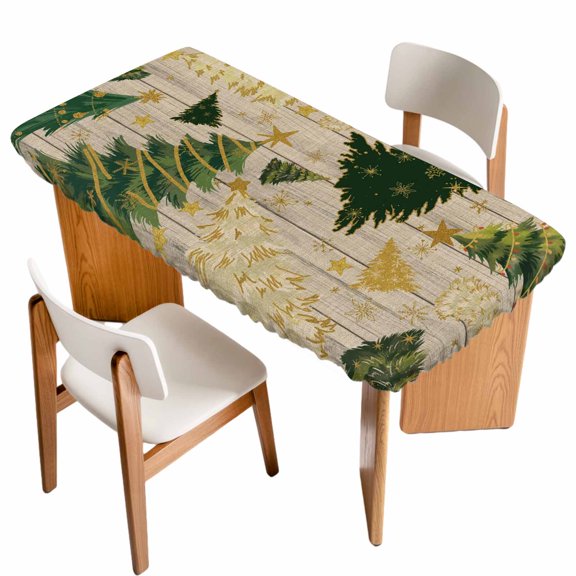 Christmas Tree Table Cloths for 5 Foot Rectangle Tables, Green Xmas Tree Winter Wooden Patio Waterproof Elastic Fitted Tablecloths, Washable Rectangular Table Cover for Camping